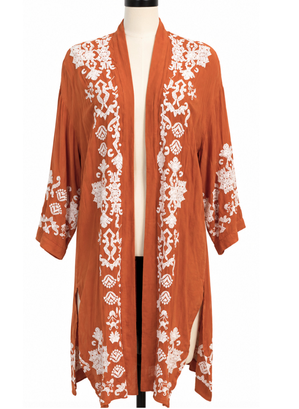 CHICO'S BURNISHED CLAY EMBROIDERED DRAMA KIMONO COVERING RUANA TOP JACKET S/M